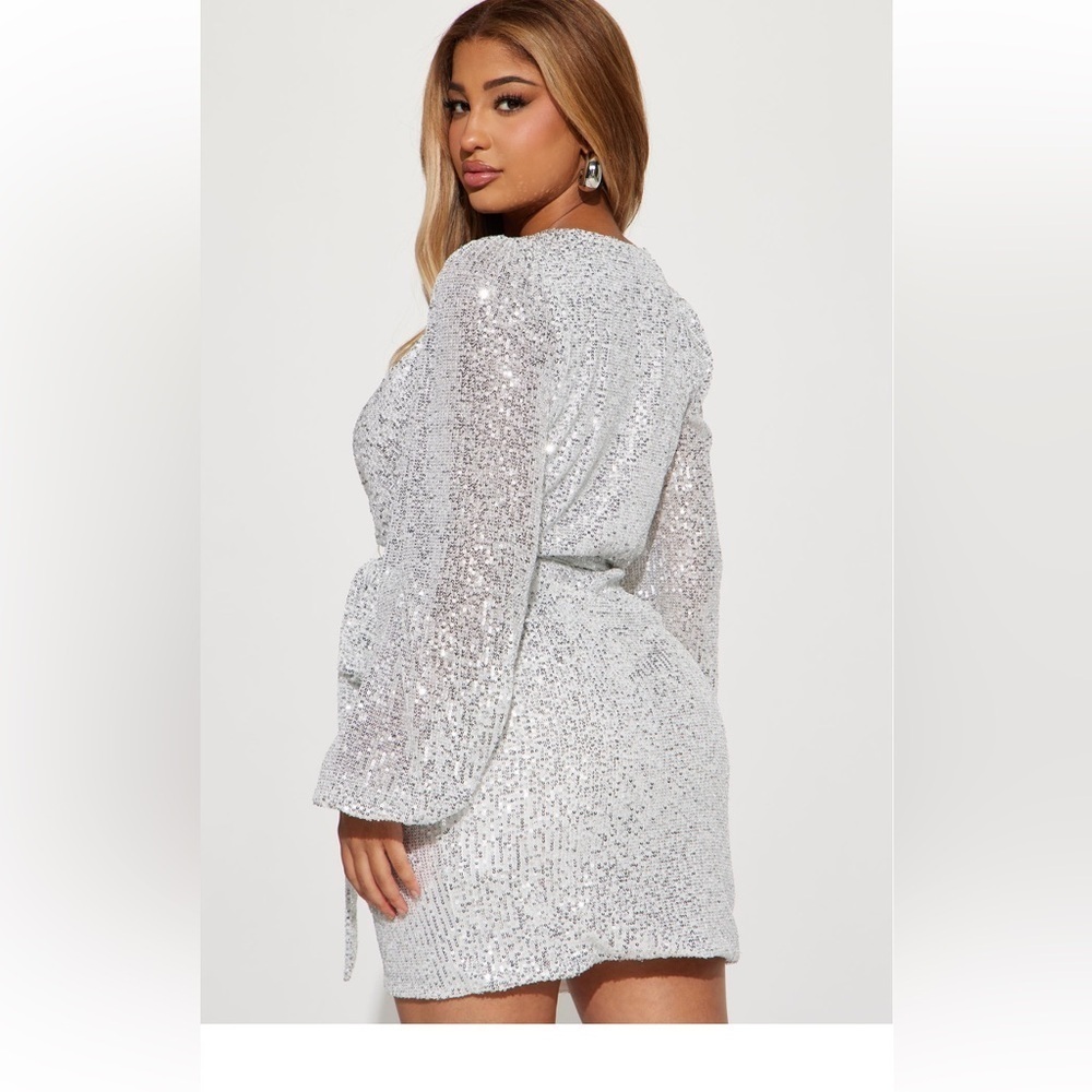 NWT Fashion Nova Liliana sequin mini dress silver surplice tie waist wrap dress - Picture 3 of 4
